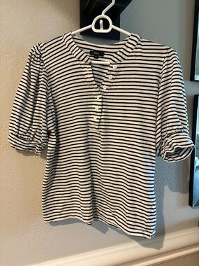 Rails Black & White Striped Puff Sleeve Henley Tee